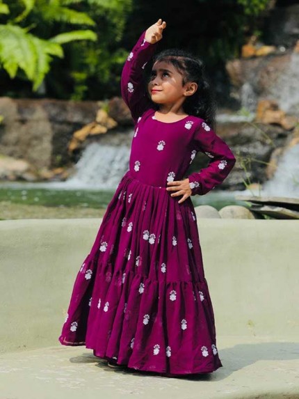 Wine Colour Fox Georgette With Siquns Embroidery Work Ruffle Full Flir Long Sleeve Full Stitching Children Gown 