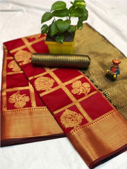 Pretty Look Red Color Banarasi Silk Fabric with Zari work Kanchipuram Saree