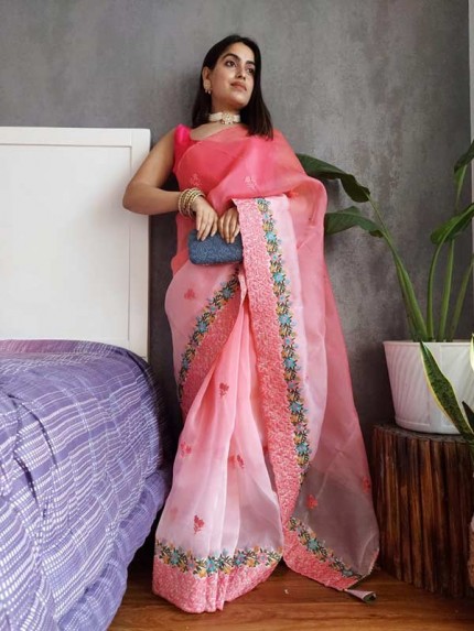 Embellished Designer Pure Soft Pedding Organza Silk Saree With Beautiful Embroidery