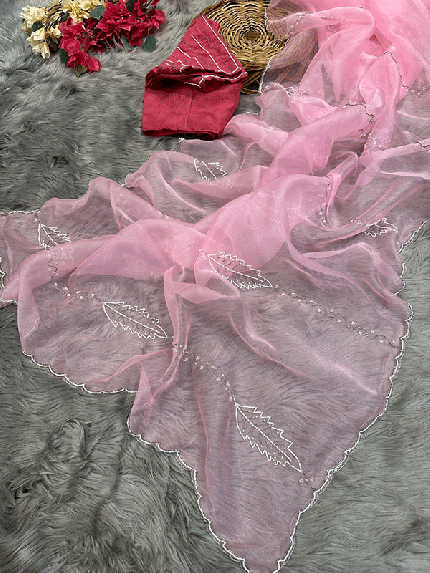 Pure soft Organza silk saree with amazing Hand work of moti and cutwork..