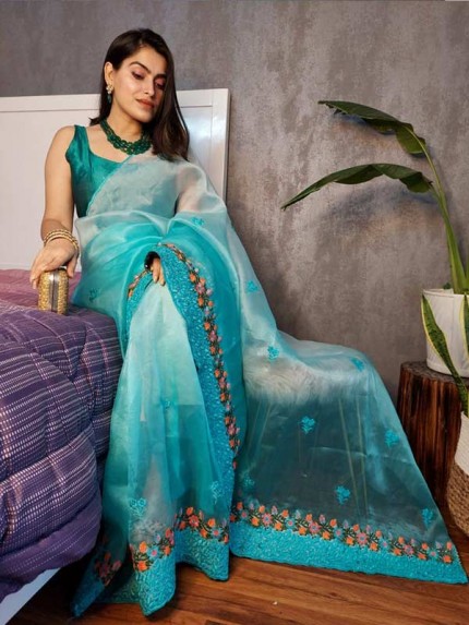 Pure Soft Pedding Organza Silk Saree With Beautiful Embroidery Floral Work 