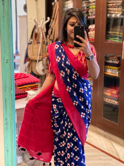 Finnest Selfie Look Soft Linen Printed Saree with Blouse