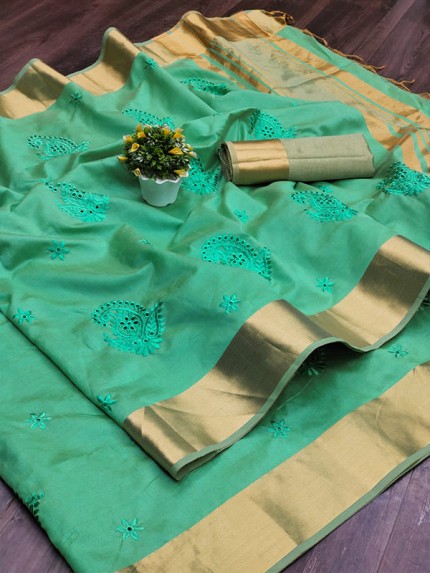 Fabulous Aasam Silk Saree with embroidered work allover & zari border