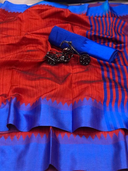 Plain Style Red Raw Silk Saree with Lining Pallu  