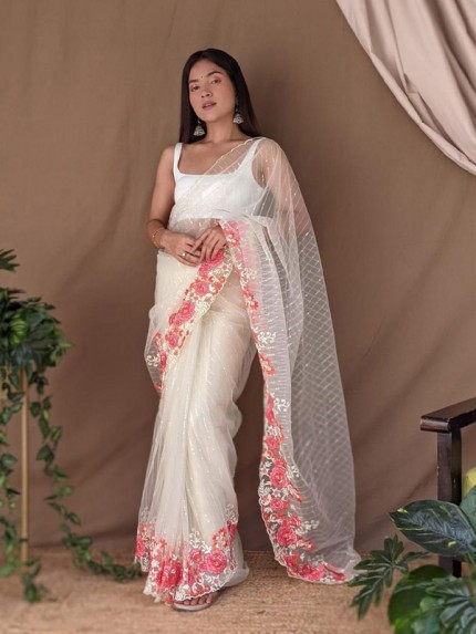 Fabulous Fancy Net Saree with sequencing Lining N flower work