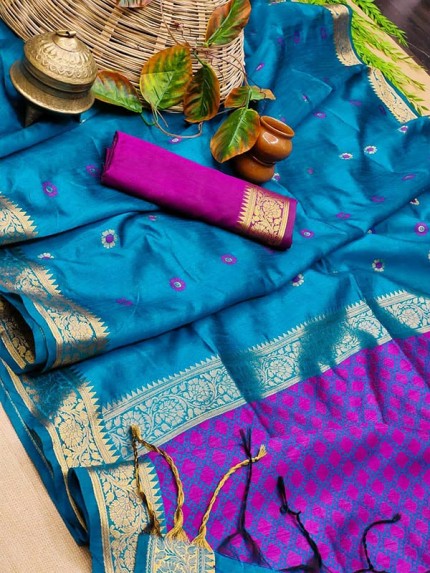 Attractive Look Raw Silk Saree with Jamdhani Weaving Rich Wooven Pallu