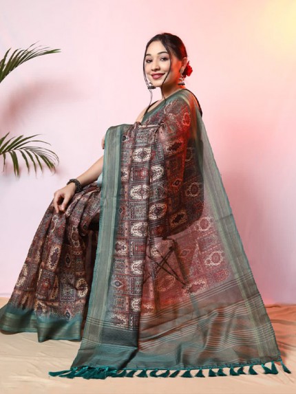 Modern Look Digital Printed Linen Saree with Golden zari border