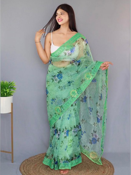 Floral Style Organza Silk Digital Printed Saree with banglori silk blouse