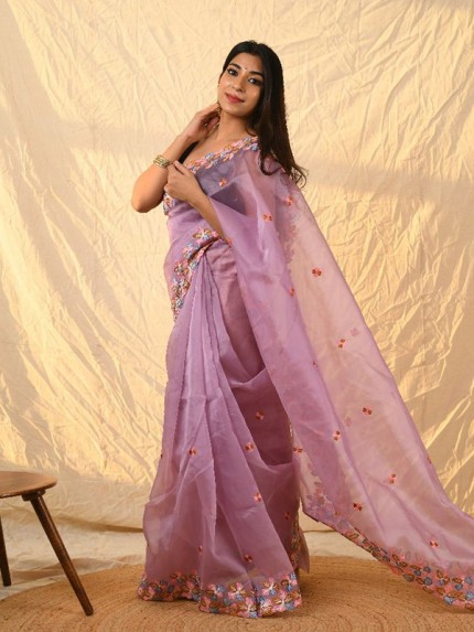 Embellished Designer Organza Silk Saree with Beautiful embroidery work & Sattin Blouse