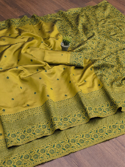Stunning Mahendi color Lichi Silk weaving Jacquard Saree
