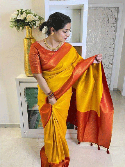 Stunning Yellow color Lichi Silk weaving Jacquard Saree