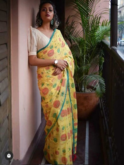 Unique Style Pure Soft Fancy Cotton Silk Sarees With Fantastic Prints Nd Running Blouse