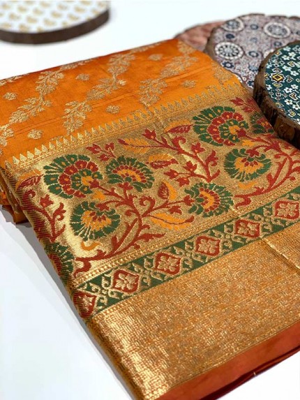 Stylish Look Orange Colour Soft 2Ton Banarasi Silk Geometric Designer Saree