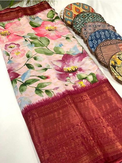 Stylish Look Multi Colour Soft Banarasi Silk Flower Print Designe Party Wear Saree