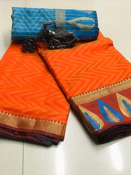 Elegance Look Orange Colour Cotton Saree with weaving border
