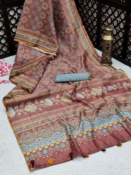 Mul Linen Cotton Saree With Beautiful Prints All Over With Woven Border With Contrast Blouse Piece