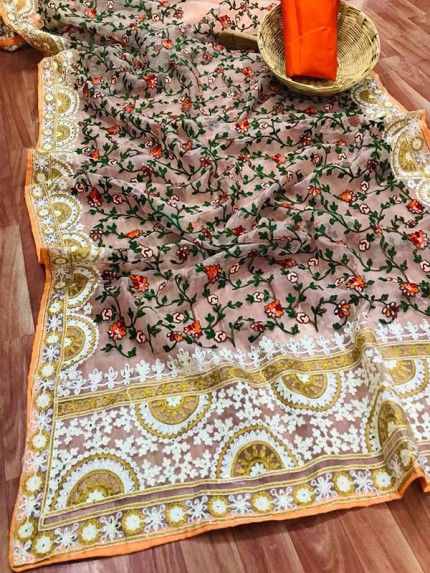 Unique Style Organza Silk Saree with embroidery work & shining stone