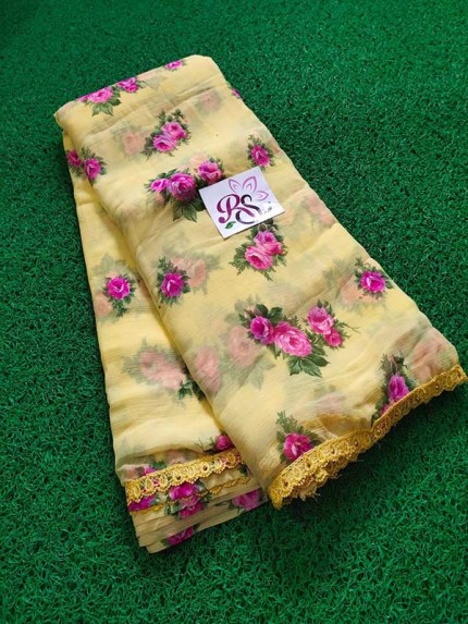 Finnest Look Chiffon Printed Saree with Fancy Lace