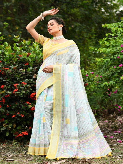 Soft Linen Saree with all over classic conceptual print 