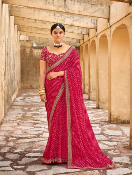  Pink Georgett Embroidery Border With Embroidery Blouse Saree
