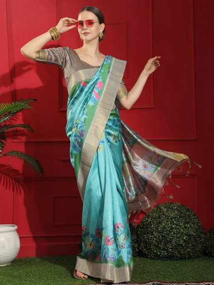 Tussar Print Soft Saree with all Over Beautiful Print and Ghicha pallu