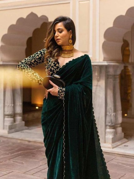 Green Color Pure 9000 Velvet Saree With Embroidery Work On Border & Full Work On Blouse