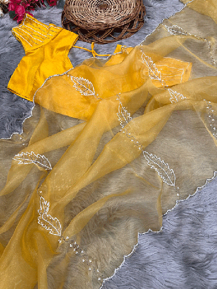 Pure soft Organza silk saree with amazing Hand work of moti and cutwork..