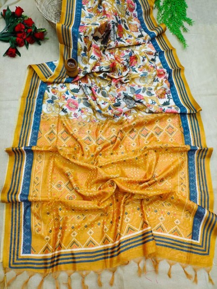 Attractive Look Mul Linen Cotton Saree with beautiful prints Allover with Zari woven small border