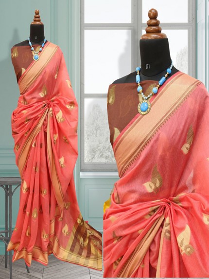 Gorgeous Cotton Silk Saree gold weaving border with contrast blouse