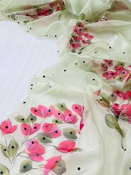Attractive Organza Digital Printed Saree with khatli work & Sattin blouse