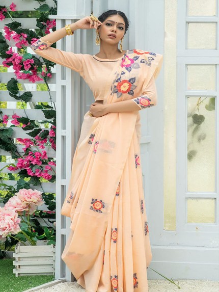 Festival Look Pure Linen Saree with resham woven butti & Pallu