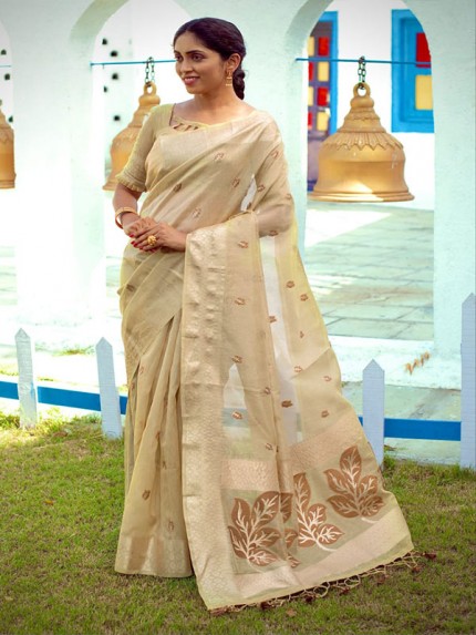 Fabulous Linen Tissue Saree with zari woven butti and pallu with running blouse piece