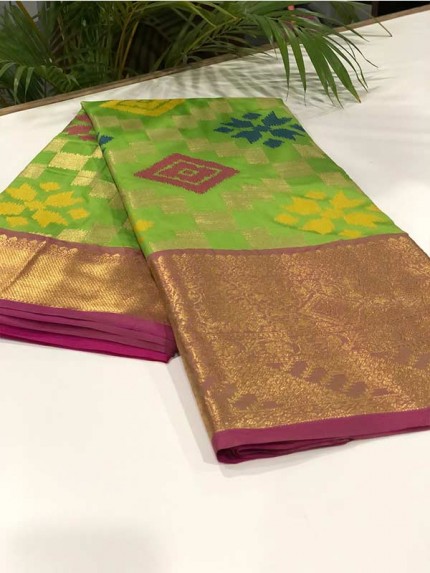 Stylish Look Green Colour Soft Banarasi Handloom Ikkat Weaving Silk Saree