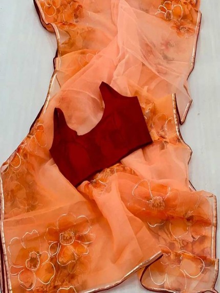 Soft Organza Silk With Handprint & Gold Touch, Also With An Amazing Banglory Dying Blouse