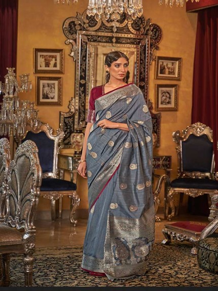 Festival Look  Grey Colour Tessar Silk Weaving Saree