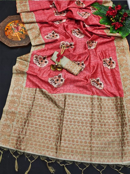  Semi Tussar Silk Saree With All Over Beautiful Prints 