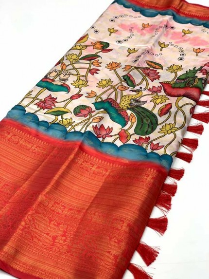 Soft Banarasi Silk Kalamkari Flower Print Designe Party Wear Saree