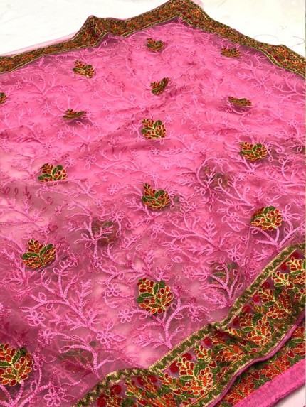 Designer Net Saree With Beautiful Embroidery Buti And Resham Flower Work