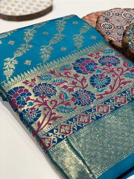 Stylish Look Sky Blue Colour Soft STon Banarasi Silk Geometric Designer Saree