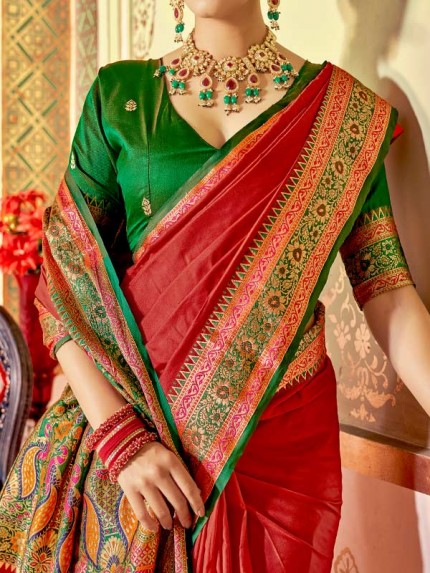 Traditional Wear Soft Banarasi Plain silk with Rich Designer Pallu & Contrast Blouse