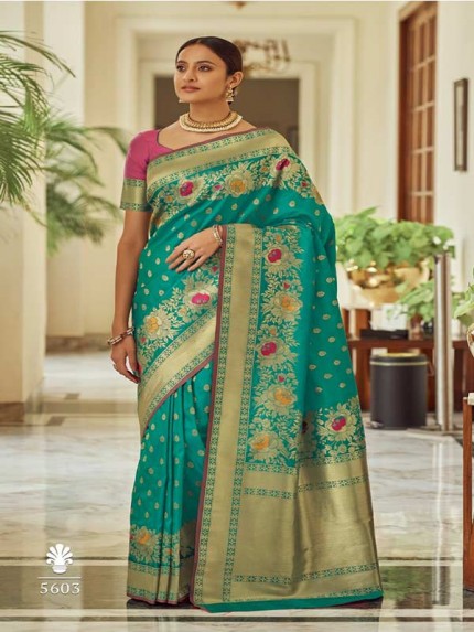 Stylish Look Cyan Colour  Soft Banarasi Silk Weaving Saree