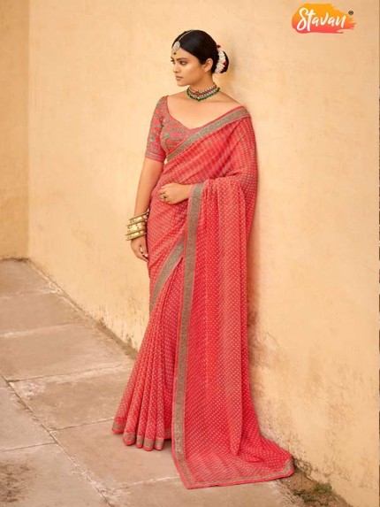  Red Georgett Embroidery Border With Embroidery Blouse Saree