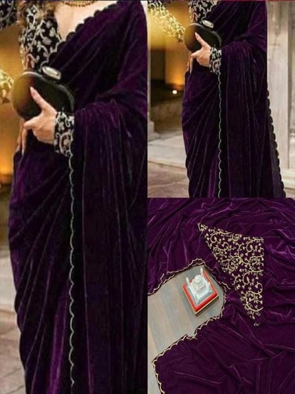 Wine Color Pure 9000 Velvet Saree With Embroidery Work On Border & Full Work On Blouse