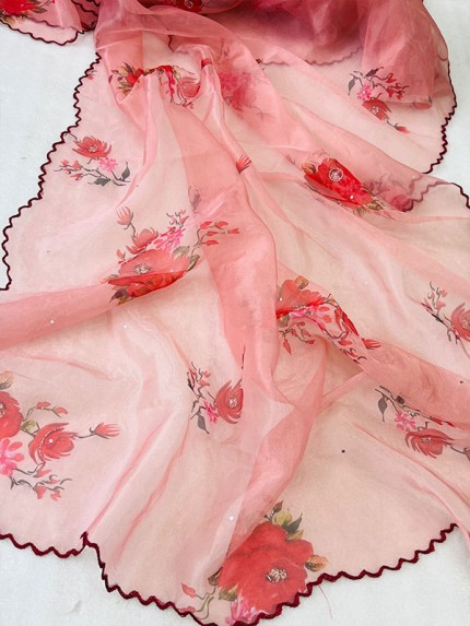 Stunning Look Organza Silk Printed Saree With Khatli work 