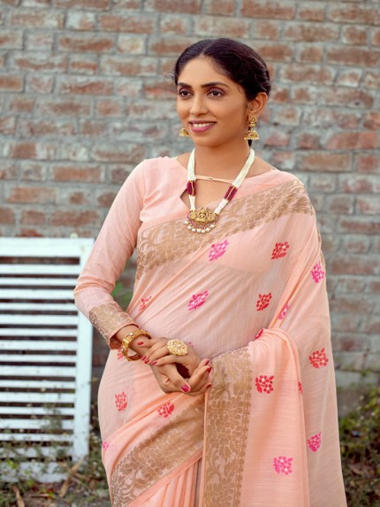 Pretty Look Pure Linen Saree with zari Banarasi border & Meenakari weaved grand classic tissue Pallu