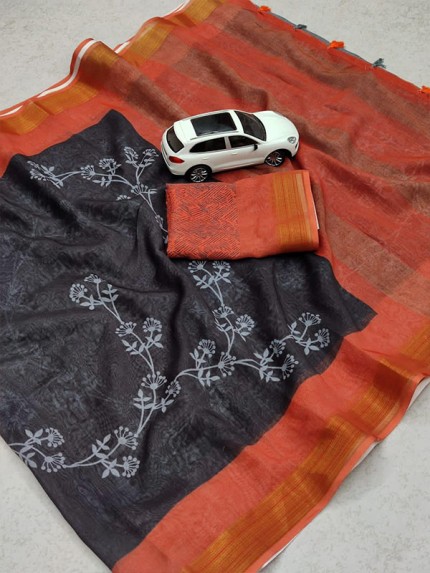 Stunning Look Linen Printed Saree Latkan with Silver Zari Patta 