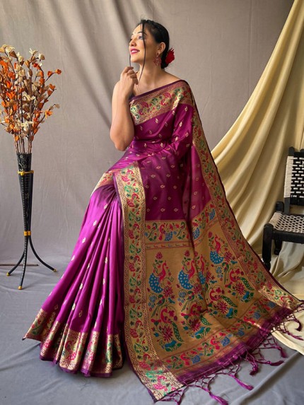 Unique Style Paithani Silk Saree with Rich weaved Pallu & Meenakari Motifs