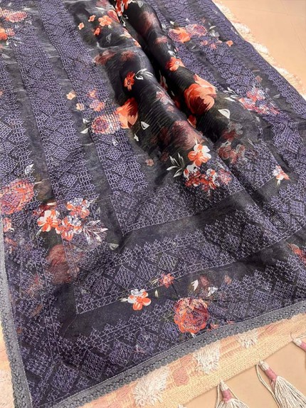 Modern Look Organza Silk Printed Saree with beautiful Pallu & border of chikankari work