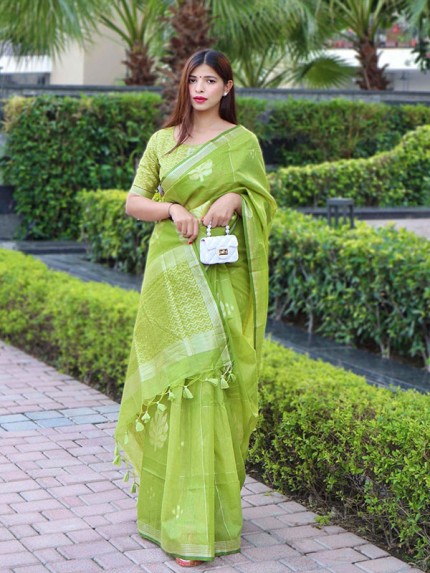 Pure Linen Silk Saree with AllOver Zari Flower and Checks Weaves with Exclusive ZigZag Pallu