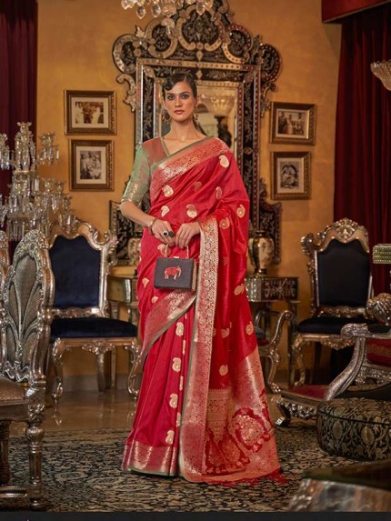 Festival Look  Red Colour Tessar Silk Weaving Saree